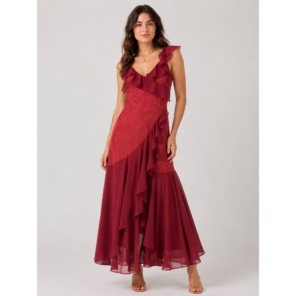En Saison Burgundy Ruffle Maxi Dress